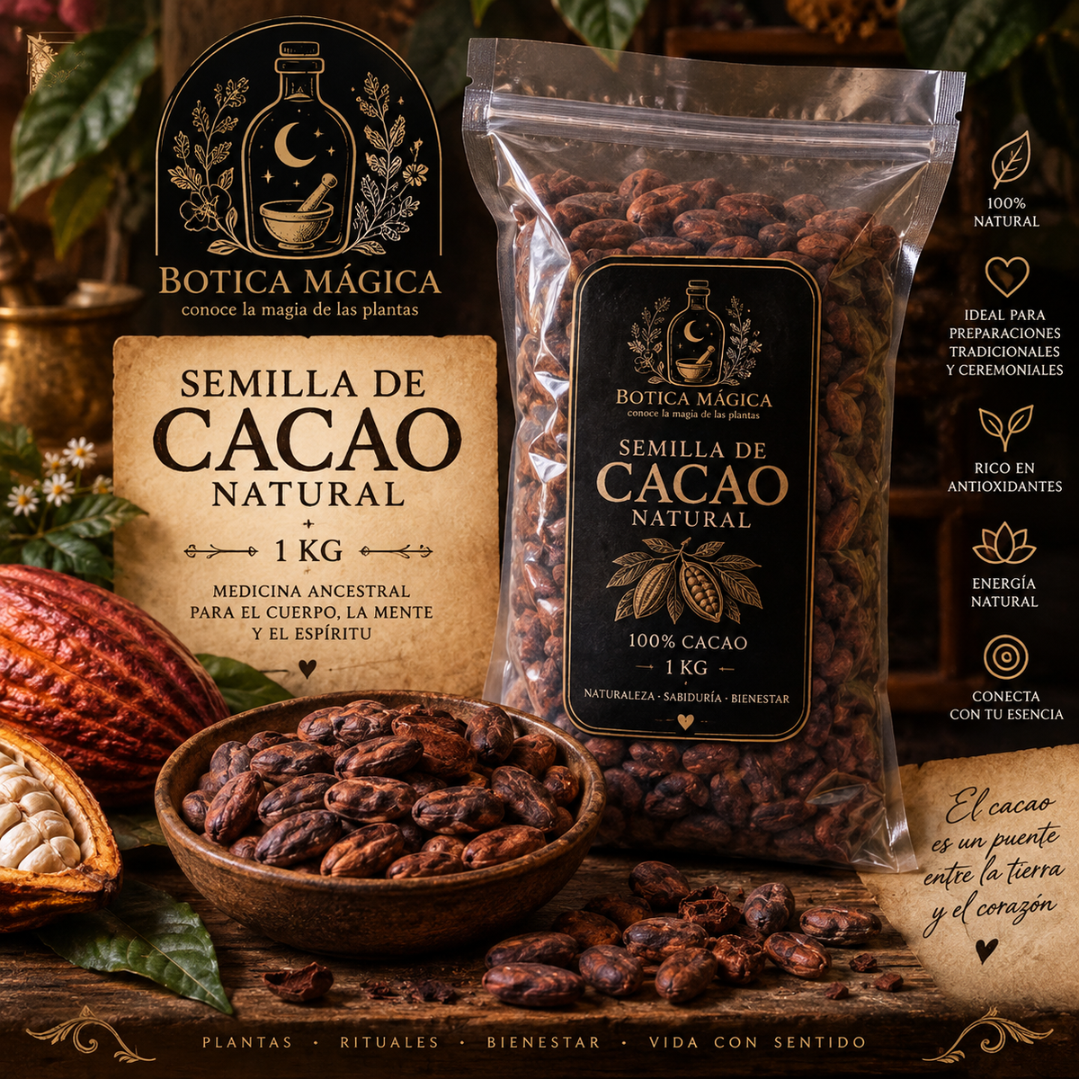 Semilla de Cacao Natural 1 kg | Botica Mágica